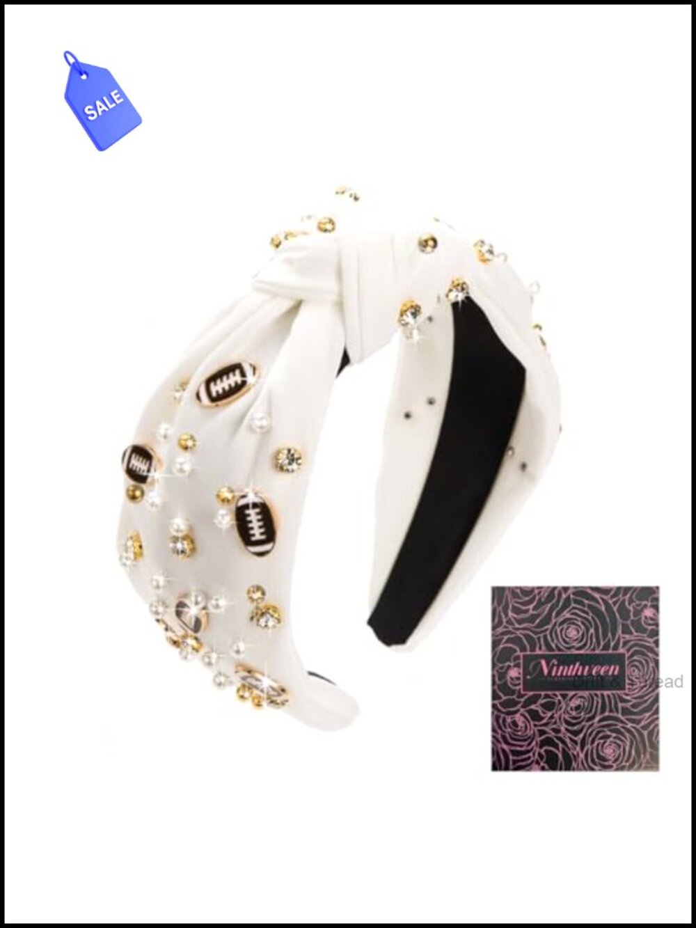 Pearl Rhinestone Football Knotted Headband Wide Stretch